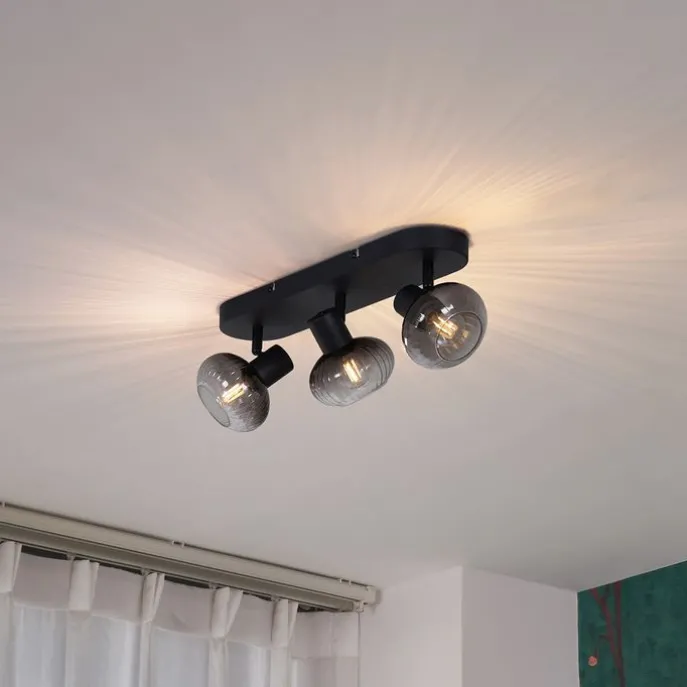 Afgeronde plafondspot zwart met smoke glas 3-lichts - Teddy
