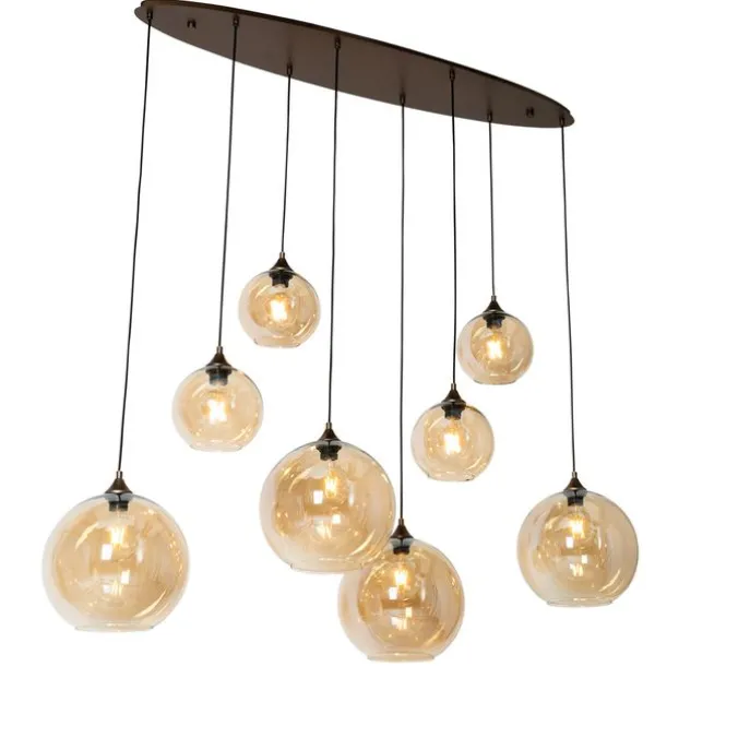 Art Deco hanglamp donkerbrons met amber glas ovaal 8-lichts - Sandra