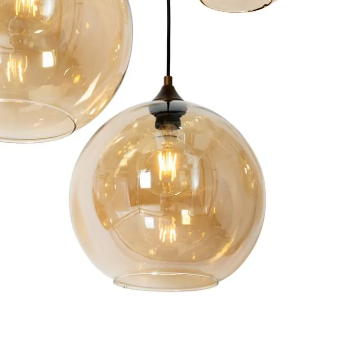 Art Deco hanglamp donkerbrons met amber glas ovaal 8-lichts - Sandra