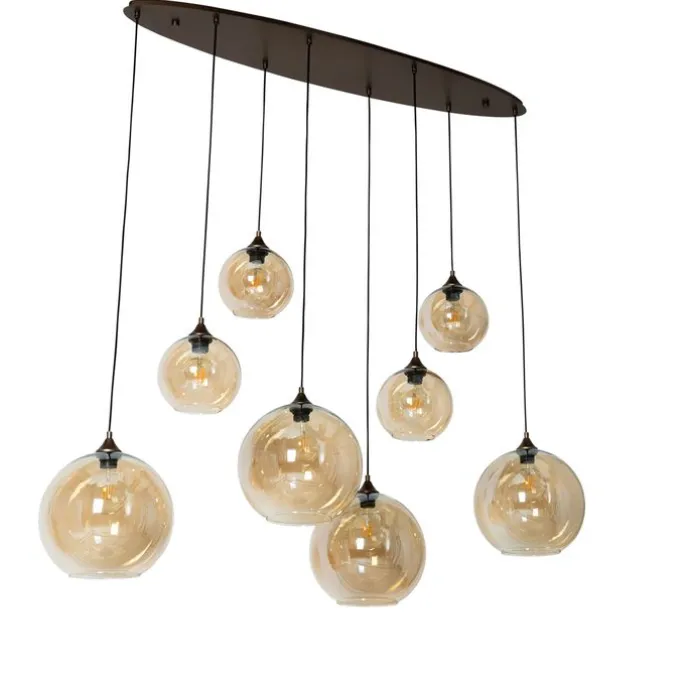 Art Deco hanglamp donkerbrons met amber glas ovaal 8-lichts - Sandra