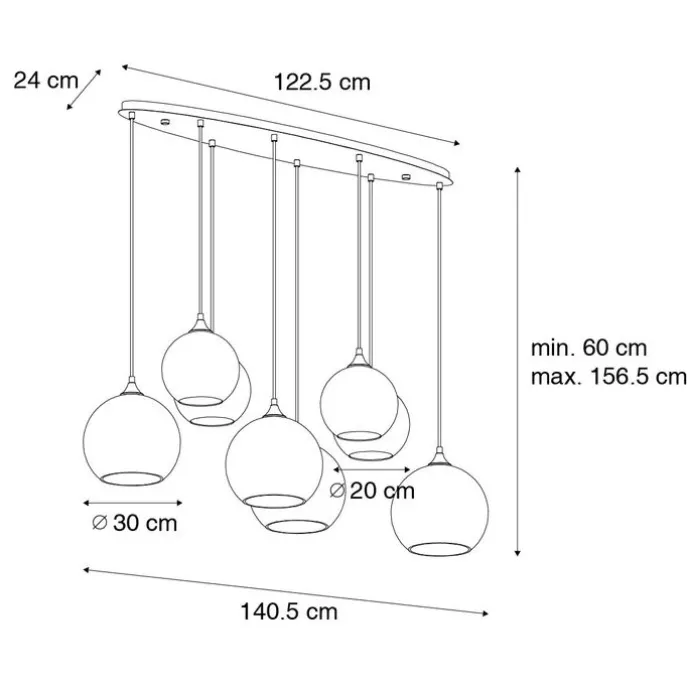 Art Deco hanglamp donkerbrons met amber glas ovaal 8-lichts - Sandra