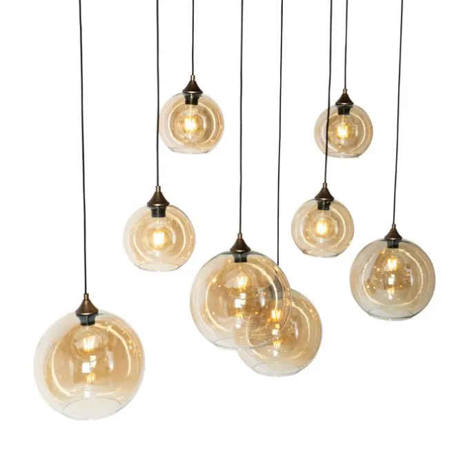Art Deco hanglamp donkerbrons met amber glas ovaal 8-lichts - Sandra