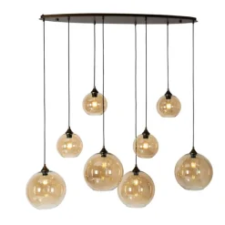Art Deco hanglamp donkerbrons met amber glas ovaal 8-lichts - Sandra