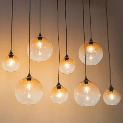 Art Deco hanglamp donkerbrons met amber glas 8-lichts - Sandra