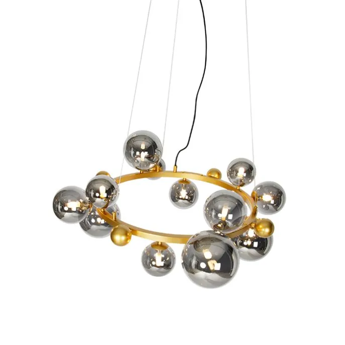 Art deco hanglamp goud met smoke glas 12-lichts - David