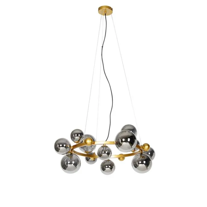 Art deco hanglamp goud met smoke glas 12-lichts - David