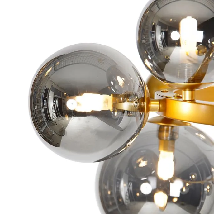 Art deco hanglamp goud met smoke glas 12-lichts - David