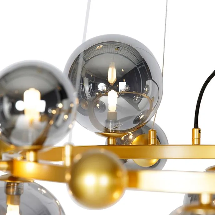 Art deco hanglamp goud met smoke glas 12-lichts - David