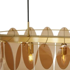 Art Deco hanglamp goud met amber glas ovaal 5-lichts - Mochan