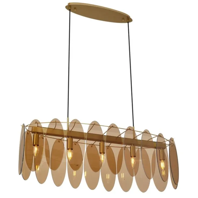 Art Deco hanglamp goud met amber glas ovaal 5-lichts - Mochan