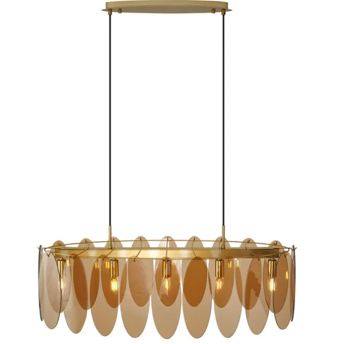 Art Deco hanglamp goud met amber glas ovaal 5-lichts - Mochan