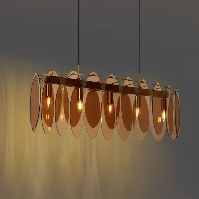 Art Deco hanglamp goud met amber glas ovaal 5-lichts - Mochan