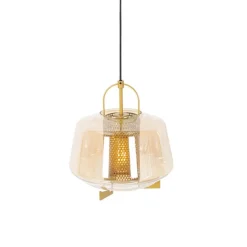 Art deco hanglamp goud met amber glas 30 cm - Kevin