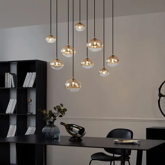 Art Deco hanglamp goud met amber glas 9-lichts - Jia