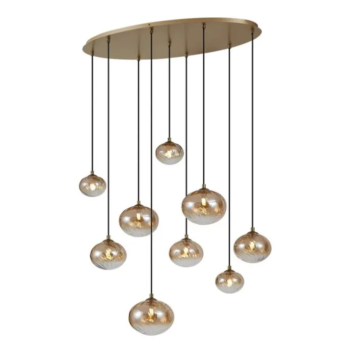 Art Deco hanglamp goud met amber glas 9-lichts - Jia