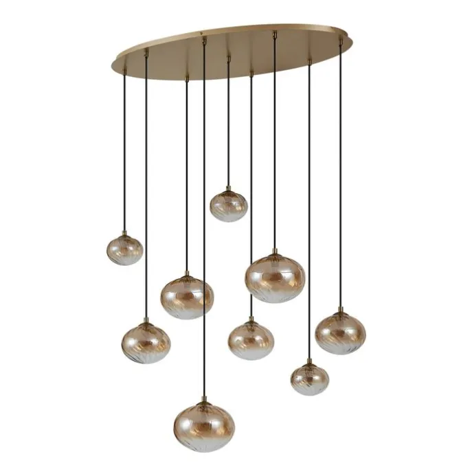 Art Deco hanglamp goud met amber glas 9-lichts - Jia