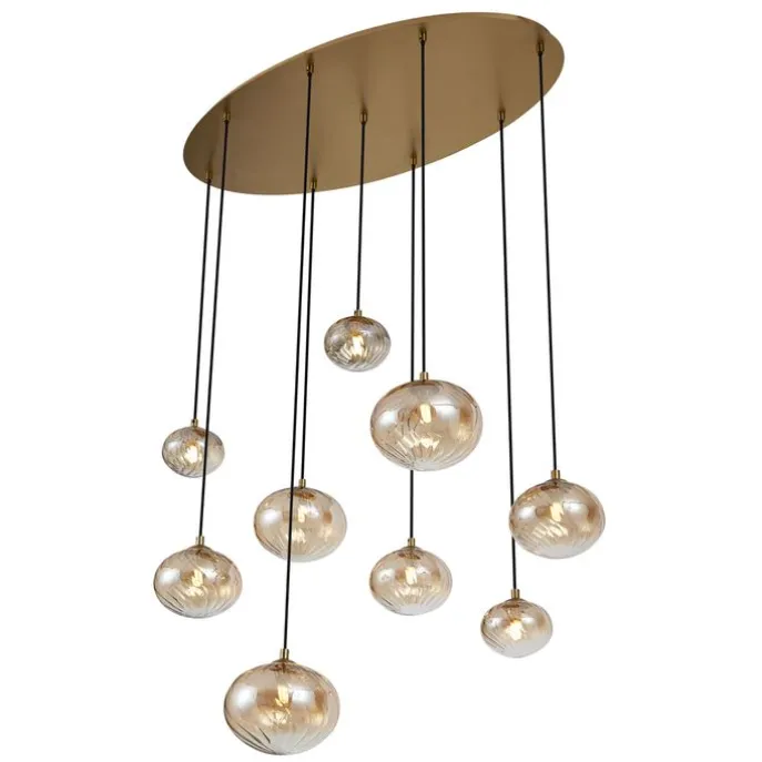 Art Deco hanglamp goud met amber glas 9-lichts - Jia