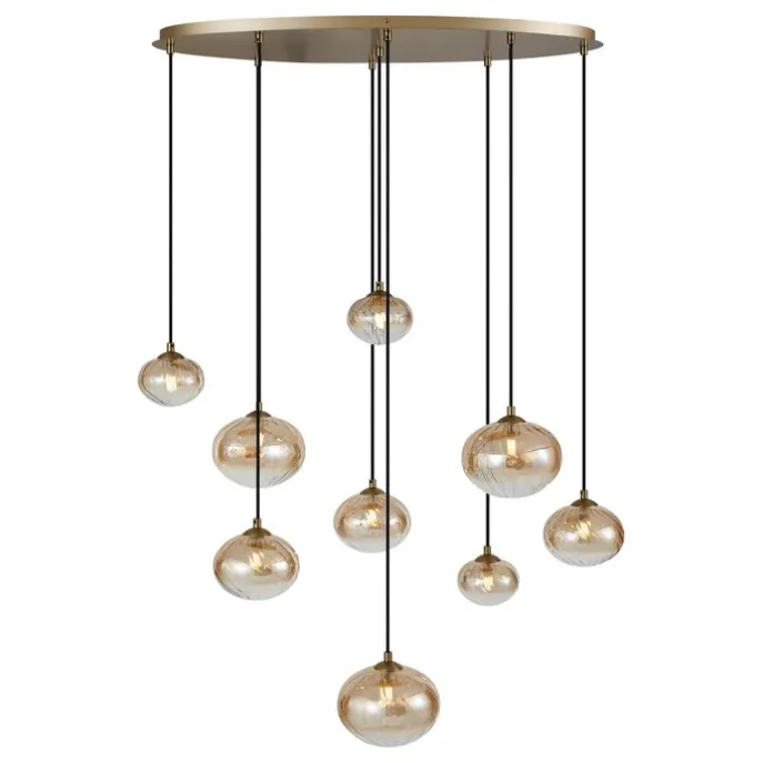 Art Deco hanglamp goud met amber glas 9-lichts - Jia