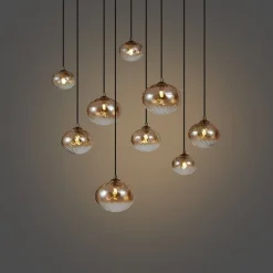 Art Deco hanglamp goud met amber glas 9-lichts - Jia