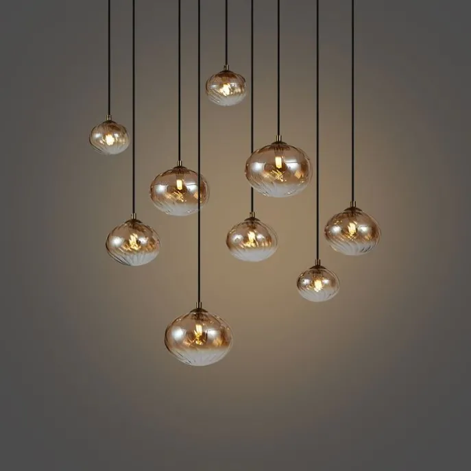 Art Deco hanglamp goud met amber glas 9-lichts - Jia