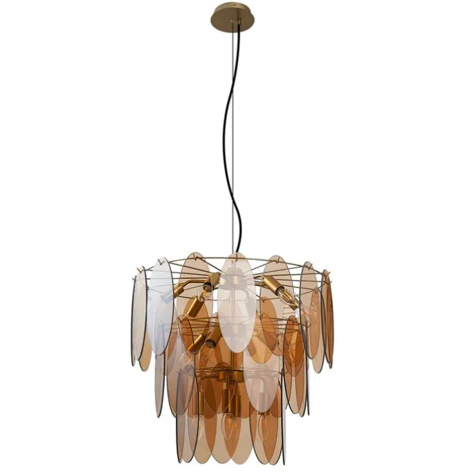 Art Deco hanglamp goud met amber glas ovaal 14-lichts - Mochan