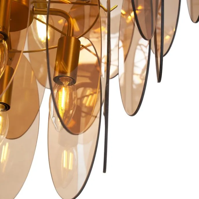 Art Deco hanglamp goud met amber glas ovaal 14-lichts - Mochan