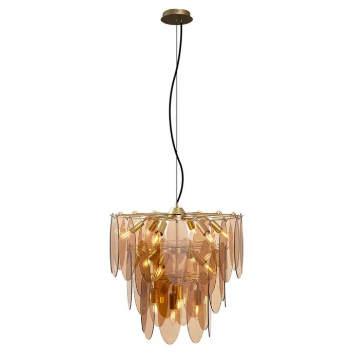 Art Deco hanglamp goud met amber glas ovaal 14-lichts - Mochan