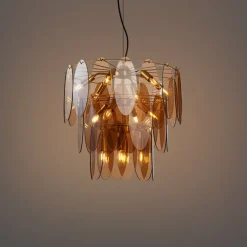 Art Deco hanglamp goud met amber glas ovaal 14-lichts - Mochan