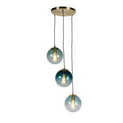 Art deco hanglamp messing met blauwe glazen - Pallon