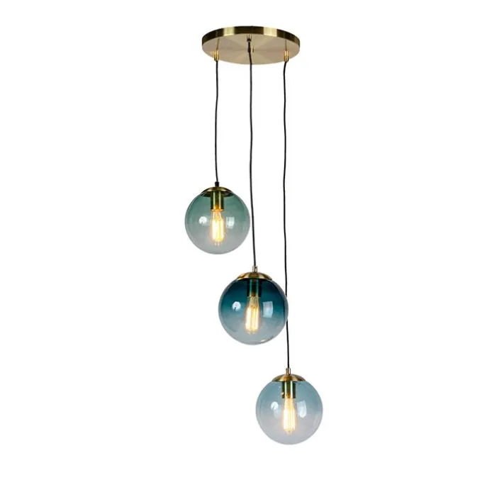 Art deco hanglamp messing met blauwe glazen - Pallon