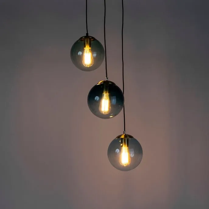 Art deco hanglamp messing met blauwe glazen - Pallon