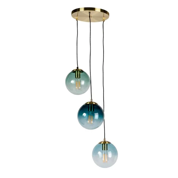 Art deco hanglamp messing met blauwe glazen - Pallon