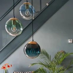 Art deco hanglamp messing met blauwe glazen - Pallon