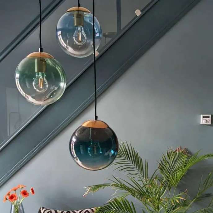 Art deco hanglamp messing met blauwe glazen - Pallon