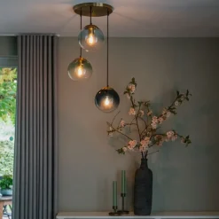 Art deco hanglamp messing met blauwe glazen - Pallon