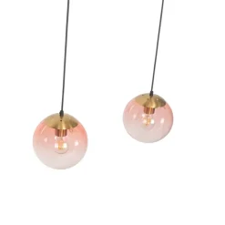 Art deco hanglamp messing met roze glas 3-lichts - Pallon