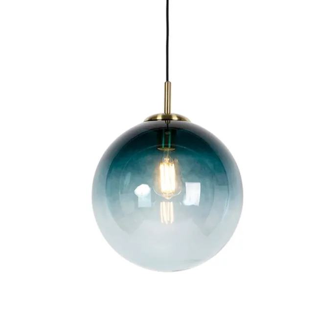 Art Deco hanglamp messing met oceaanblauw glas 33 cm - Pallon