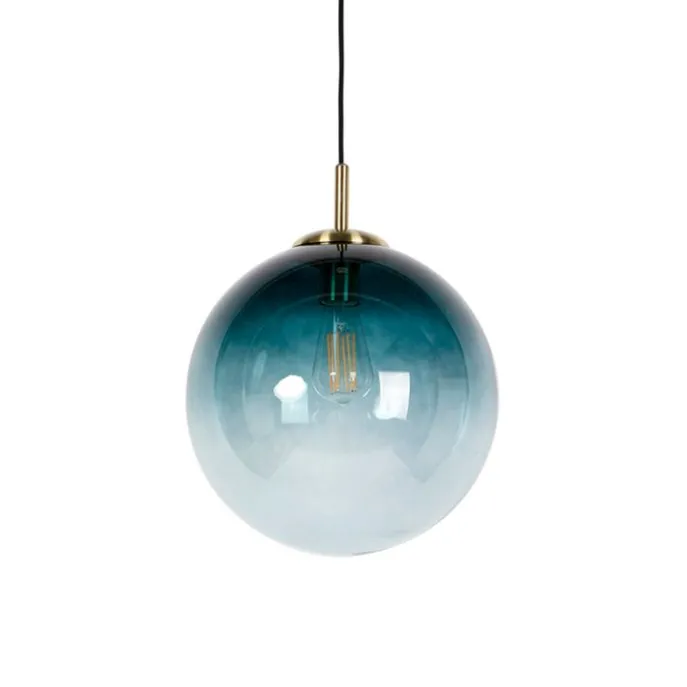 Art Deco hanglamp messing met oceaanblauw glas 33 cm - Pallon