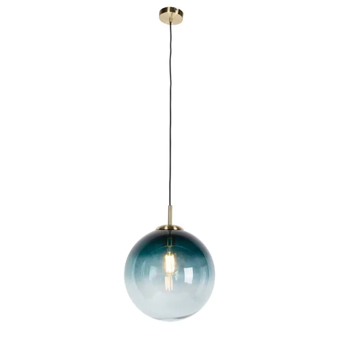 Art Deco hanglamp messing met oceaanblauw glas 33 cm - Pallon
