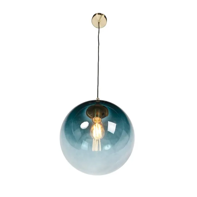Art Deco hanglamp messing met oceaanblauw glas 33 cm - Pallon