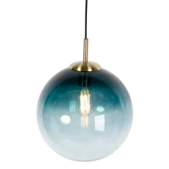 Art Deco hanglamp messing met oceaanblauw glas 33 cm - Pallon