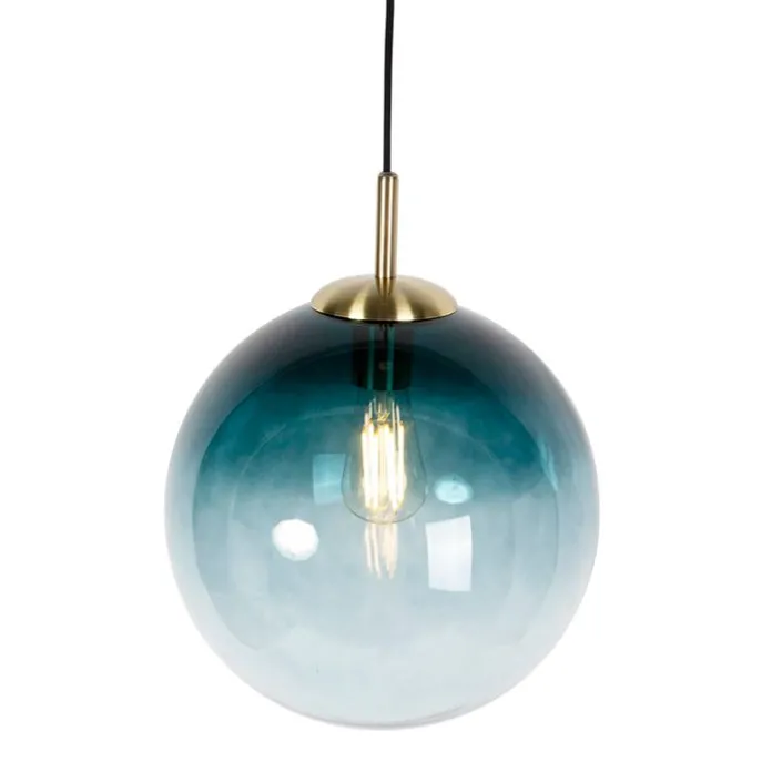 Art Deco hanglamp messing met oceaanblauw glas 33 cm - Pallon