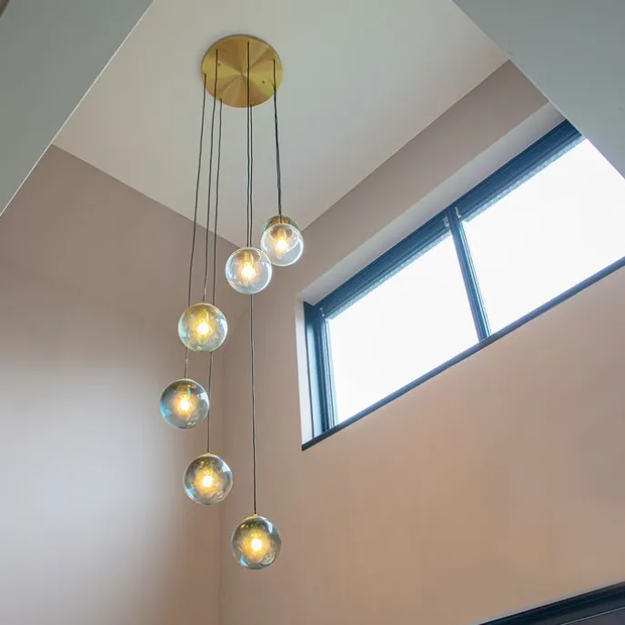 Art deco hanglamp messing met blauw glas 7-lichts - Pallon