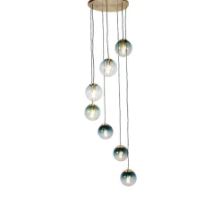 Art deco hanglamp messing met blauw glas 7-lichts - Pallon