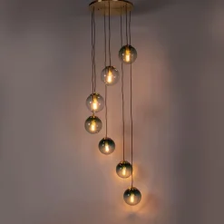 Art deco hanglamp messing met blauw glas 7-lichts - Pallon