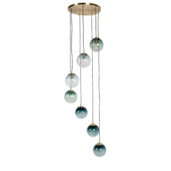 Art deco hanglamp messing met blauw glas 7-lichts - Pallon