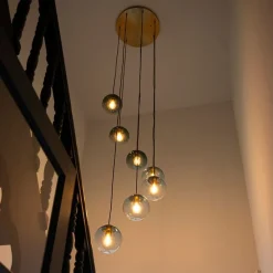 Art deco hanglamp messing met blauw glas 7-lichts - Pallon