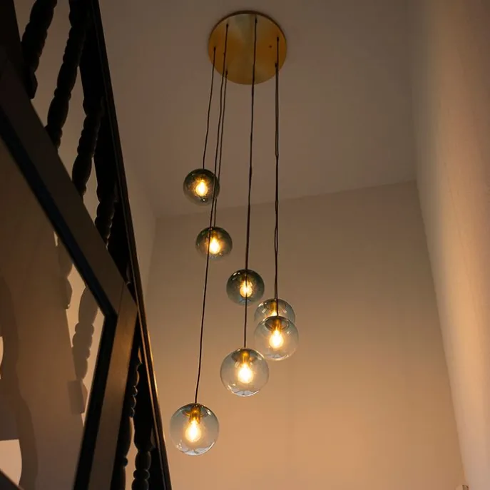 Art deco hanglamp messing met blauw glas 7-lichts - Pallon