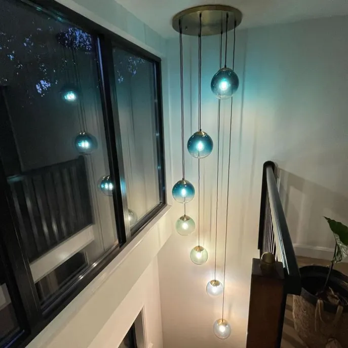 Art deco hanglamp messing met blauw glas 7-lichts - Pallon