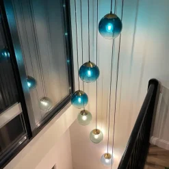 Art deco hanglamp messing met blauw glas 7-lichts - Pallon